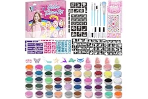 TEUVO 50 Couleurs Kit Tatouage Paillette Enfant 199 Pochoirs, 230 Strass, 5 Pinceaux, Tatouage Enfant Paillette Maquillage Cadeau Fille 7 8 10 12 ans Noël Halloween Carnaval Fête