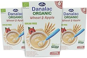 DANALAC Biologiques Céréales pour bébé blé et pomme 200 grammes de bouillie sans sucre 6 mois plus (Paquet de 3)