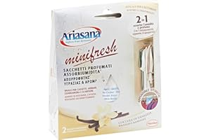 Ariasana Minifresh Coccole di Vaniglia Sacchetti profumati, Sacchetti assorbi umidità armadio e deodoranti 2 in 1, Profumatore armadio, cassetti e piccoli ambienti, sacchetti 2x50g