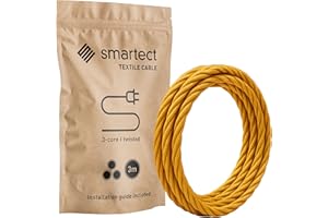 smartect Cable Electrique tordu Textile Or, Fil Electrique Tissu de 3 Mètres, 3 Conducteurs (3 x 0,75mm²) Cable Tissu Lampe pour Les Projets de Bricolage