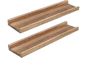 PHOENANCEE Solid Wood, 60cm Wooden Picture Ledge Shelf, Photos Display Shelf, Long Decorative Floating Shelves With Lip For Living Room,Kitchen,Bedroom, Set of 2, Carbonized Black