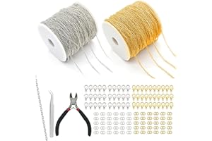 NEUSID 2 Rollen 10m Gliederkette Meterware, Gold Silber Chain 2.4mm Ketten Basteln Schmuckkette mit 60 Karabinerverschluss und 120 Ringen, Kleine Zangen Pinzetten für Schmuck DIY Herstellung