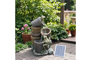 Bumilgar 69cm Outdoor Solar Fountain Waterfall, 3 Layers Frog Water Feature water features for the garden with LED Lights for Garden, Terrace, Backyard, Deck, Porch and Outdoor Decoration.