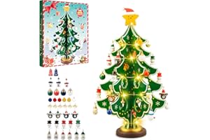Dalugo Advent Calendar 2025, 24 Days Countdown Advent Calendar Wooden Christmas Tree with Lights and 28 Mini Ornaments for Christmas Tabletop Decoration Party Favors Gift