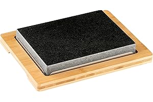 Morleos Hot Stone Steak Granitstein für Fleisch, Fisch, Gemüse (Klein - 26x20 cm) | Heiße Steinplatte/Heißer Stein Grill Bambus Holzbrett Set