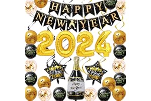 HORDUET Silvester Deko 2024 Dekoration Set Silvester Girlande Neujahrsdeko Banner Schwarz Gold Happy New Year Luftballons Folienballons für Silvester Party Deko 2024