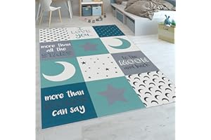 Paco Home Childrens Rug Childrens Bedroom Boys Hearts Stars Moon Slogan Blue Grey, Size:80x150 cm