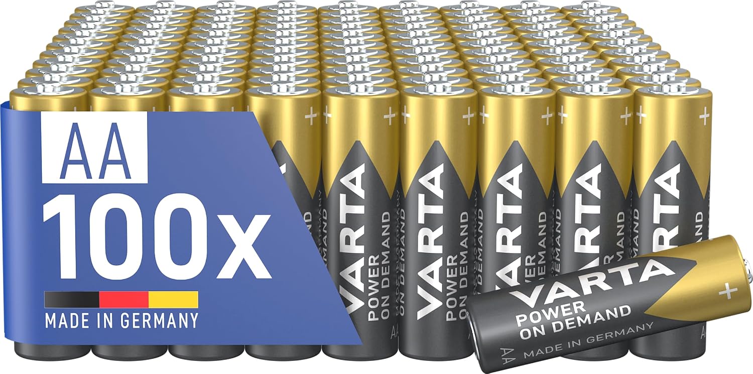 VARTA Pilas AA, paquete de 100, Power on Demand, Alcalinas, 1,5V, para accesorios de ordenador, dispositivos Smart Home, linternas, Made in Germany