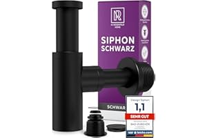 Siphon Schwarz Matt für Waschbecken, Premium Siphon Waschtisch, Messing Wände, Geruchsverschluss inkl. Dichtungen und Reinigungsöffnung, 1 1/4", 60-140mm Höhe, 330mm Länge – M. ROSENFELD HOME