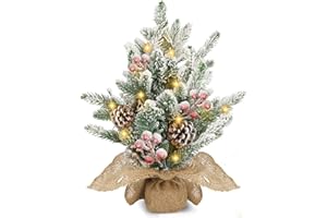 Aigostar Árbol de Navidad con Luces Incorporadas 35cm, Árbol de Navidad Pequeño Decorado con Nieve Artificial, Piñas y Frutos Rojos, Ideal para Salón, Dormitorio o Habitación Infantil