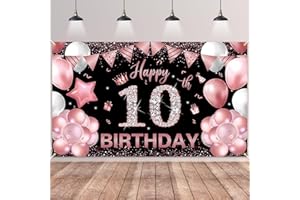 10th Birthday Backdrop Banner,BTZO Happy 10th Birthday Decorations,Rose Gold and Black Birthday Fabric Photo Background for Kids Boys Girls 10th Birthday Anniversary Party Decor,180×110cm