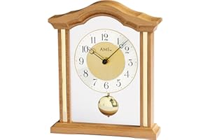 AMS Reloj de mesa de cuarzo con péndulo, pantalla analógica de hora, carcasa de madera de haya maciza, pequeño reloj de pie con péndulo