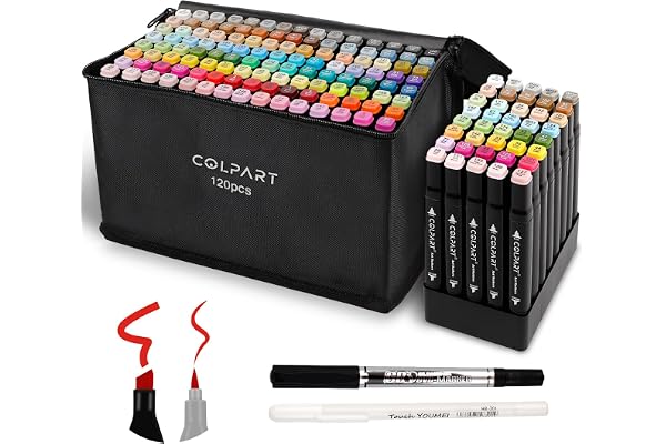 colpart TwinMarkers – Lot de 120+2 Marqueurs à Alcool à Double Pointe (Pinceau & Biseau) – Set Professionnel pour Dessin, Illustration, Croquis et Coloration