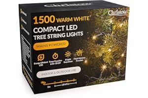 CHRISTOW 8ft Christmas Tree Lights, 1500 Warm White LED Fairy Lights with Timer, 8 Light Modes, Energy Efficient 3mm LEDs, Indoor & Outdoor, Mains Powered, Green Cable (34.47m Lit Length)