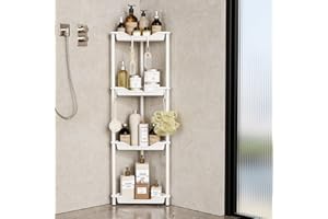 Orimade Nierdzewne półki prysznicowe, 4 sztuki, wolnostojące półki narożne, z 4 haczykami, regał stojący, połączenia z tworzywa sztucznego i metalu, 27 x 27 x 113 cm, biały