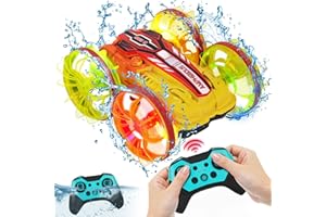 Ltteaoy Coche Teledirigido Anfibio para Niños,4WD Stunt Car con Rotación 360° y Flip 180°,Impermeable RC 2.4GHz con 2 Baterías Recargables,Juguete Niños de 3-12 Años(Amarillo)