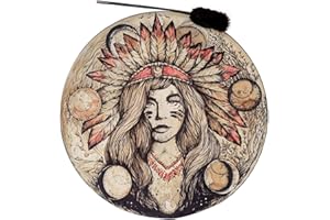 BIGUD Tambor Chamán, Tambor Chamánico Hecho A Mano De Graves Profundos, Tambor Siberiano Curativo Con Sonido, Tambor Chamán Native Con Palo, Tambor Native Americano Con Palo, Tambor De Mano Chamánico Para M