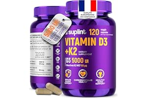 SUPLINT Vitamine D3 K2 Haute Dose – 5000 UI Vitamine D + 100 µg K2 MK-7 – 120 Gélules Véganes – Développé aux Pays-Bas – Certifié GMP & Testé en Laboratoire – Soutien Os, Dents & Immunité