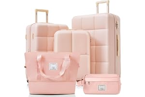 Merax Hartschalen-Kofferset, bestehend aus 5 Teilen, DREI Koffern und Zwei Kosmetiktaschen, Kabinenkoffer mit Drehrollen, pink