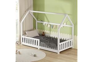 AVC Designs Junior Wooden House Bed Toddler Solid Pine Wood Modern Children Kids Junior Bed Frame White
