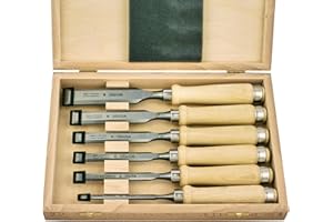 ULMIA Stechbeitelsatz 6 Stück in Holzkassette Größe 6, 10, 12, 16, 20, 26 mm, zur Bearbeitung von Holz, 174HK