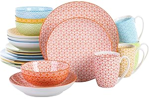 vancasso Natsuki Dinnerware Set 20 Pieces Porcelain Dinner Set - Multicolour Dinner Service Japanese Style Crockery with Dinner Plate, Dessert Plate, Cereal Bowl, Soup Plate and Mug, Service for 4