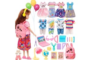 CARREUTY 30 Prendas Compatibles con Barbie 12" Muñeca, 3 Vestidos 3 Tops 3 Pantalones 2 Pares de Zapatos 1 Globos 18 Juguetes Escolares para muñecas, Adecuado para Navidad