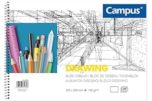 MAKRO PAPER Campus - Bloc de Dibujo A4 Cuaderno de Bocetos con Espiral 20 Hojas 130 gramos en Blanco para Carboncillo, Lápiz, Ceras o Pastel