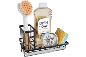 SWTYMIKI Sink Caddy Kitchen Sink Organiser with Detachable Brush Holder, Stainless Steel Soap Dispenser Sponge Holder with Drip Tray for Back of Holder, Black