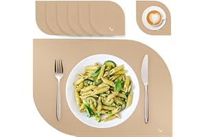 BW BLACKWHITE STORE Blackwhite Store Tischsets Abwaschbar Wasserdicht PU Kunstleder Platzset Abwischbar Lederoptik Beige 6er-Set 2 Ecken Untersetzer-Set 43x30cm 10x10cm Platzdeckchen Leder für Home Hotel & Restaurant