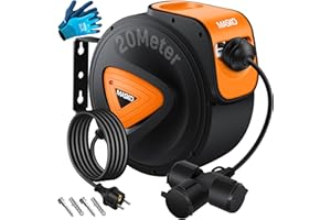 MASKO® Enrouleur de câble automatique, câble d'extension de 1,5 m avec connexion à 3 voies, rotation de 180°, support mural, enrouleur de courant automatique avec gants - 20 m
