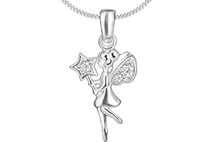 CLEVER SCHMUCK Mädchen Hakskette Anhänger kleine Fee 10 x 20 mm mit Zauberstab und 3 Zirkonia Kette Panzer 42 Sterling Silber 925 im Schmucketui creme