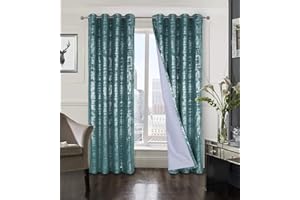 always4u Soft Velvet Curtains 100% Blackout for Window for Bedroom Thermal Silver Foil Printed Shining Luxury Window Treatment Drapes for Living Room 1 Pair Teal 66 * 72