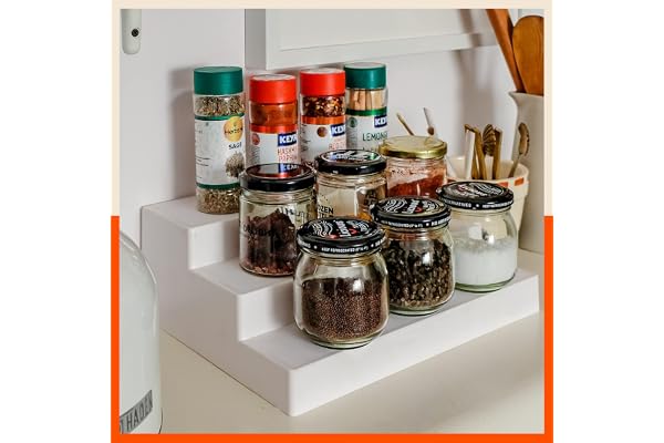 Bathla Plastic Shelf Organizer - (Set of 2) Multi-Purpose Display Cabinet for Kitchen, Home & Office 3 Wide Steps Spice Rack Stand Make Up & Cosmetic Organiser Non Skid Pearl White