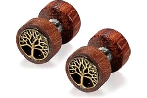 Flongo - Pendientes de acero inoxidable, madera, retro, árbol de la vida, león, cabeza de fantasía, pendientes de color marrón para hombre y mujer