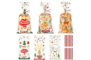 HCSSZ 100PCS Cellophane Christmas Bags, 13 X 27 CM Small Cello Xmas Goody Clear Resealable Sweet Party Gift OPP Plastic Bag With 100 Twist Ties for Candy, Soap, Cookie,Chocolates