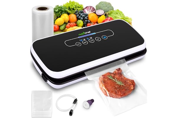 NutriChef Machine Sous Vide Automatique – Scelleuse Alimentaire pour Aliments Secs et Humides, Écran Tactile LED, Sacs Inclus, Tuyau Aspiration et Bouchon Vin, Compacte, Noire