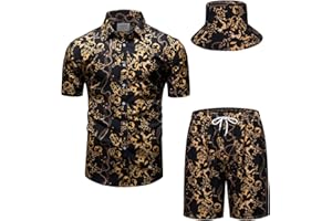 fohemr Outfit Men's Baroque 2-Piece Golden Chain Pattern Shirt Shorts with Bucket Hat Leisure Suit Summer Holiday Beach Set