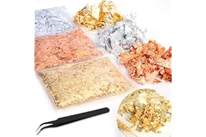 ZYNERY 15g Feuilles de métal, 3 Paquets Feuilles D’or/Feuille de Cuivre/Feuille D'argent, Flocons Minces de Feuille pour Maquillage/Nail art/Peinture/Production artisanale/Décoration de la maison