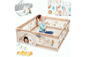 BELLEBEBE - Parc Bebe - 120x180cm - Parc Bebe Avec Tapis Pliable, 6 Poignées et Sac de Transport + 50 balles - Sécurisé et Facile à Monter - Design animaux de la forêt