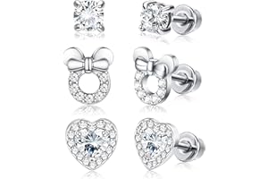 ADRAMATA 3 Pairs Girl Screwback Earrings for Women Heart CZ Stud Children Toddler Earrings Stainless Steel Set for Kids