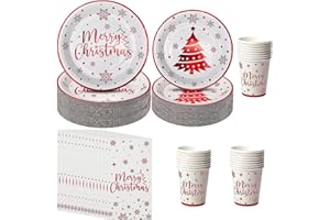KAHEIGN 175Pcs Weihnachten Geschirr Set für 25 Personen, Papier Weihnachts Geschirrset mit 25Sets Speiseteller Salatteller Becher Servietten und wiederverwendbare Messer&Gabel&Löffel