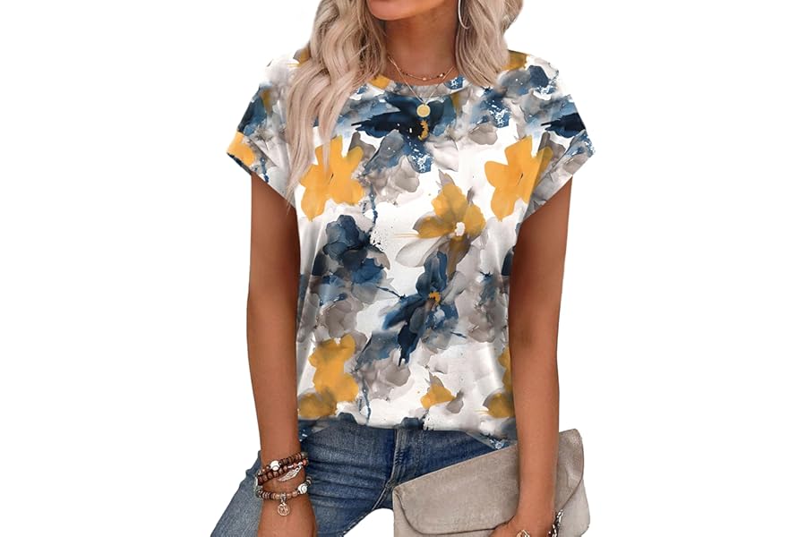 Aokosor Womens Summer Tops Floral Printed Short Capsleeve Shirts Crew Neck Cute Fashion Dressy Tunic Blouses for UK