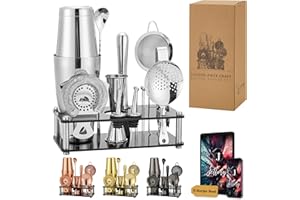 Jettory Boston Shaker Set - Set da Cocktail in Acciaio Inossidabile da 16 Pezzi con Base in Acrilico, Colino, Pinza per Ghiaccio, Cucchiaio da Bar, Misurino, Pestello, Versatori & Picks per Cocktail