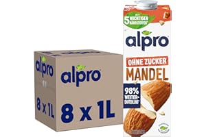 ‎ALPRO Alpro Mandeldrink Ohne Zucker – Quelle von Calcium und Vitaminen – Zuckerfrei, glutenfrei, fettarm, ohne Laktose, vegan und milchfrei – 8 x 1 L – Haltbar