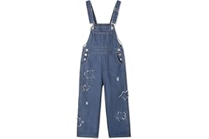 Rolanko Girls Jeans Bib Overalls, Baggy Denim Dungarees Jumpsuit for Big Kids