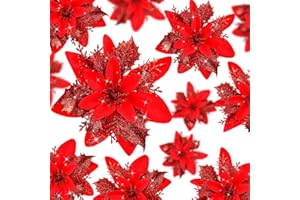 SULOLI 12pcs Fleurs Artificielles-14cm Fleurs de Noël Clignotant-Arbre de Noel Ornements avec Clips pour Décoration Noël (Rouge)