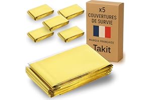 Takit Couverture De Survie 5X- Réutilisable - Extra Large - 210 * 160cm - Imperméable - Couverture Chauffante De Survie en Mylar pour Camping, Randonnée, Premiers Soins - Or & Gris