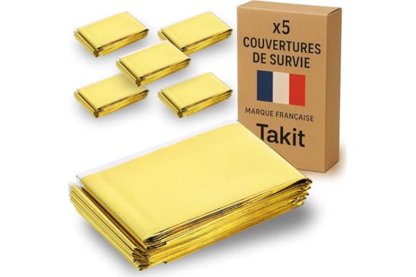 Takit Couverture De Survie 5X- Réutilisable - Extra Large - 210 * 160cm - Imperméable - Couverture Chauffante De Survie en Mylar pour Camping, Randonnée, Premiers Soins - Or & Gris