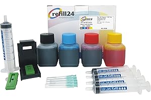 refill24 Kit de Recharge Compatible pour Cartouches d'encre HP 304, 304 XL Noir et Couleur, Encre avec Clip et Accessoires + 200 ML d'encre